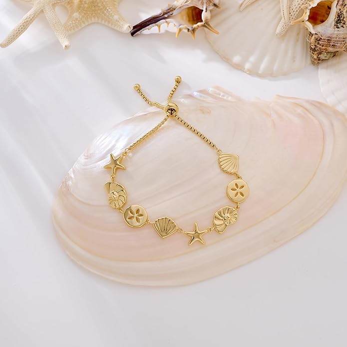 Gold Charm Bracelet for Women Boho Adjustable Shell Starfish Bracelet Summer Beach Ocean Statement Bracelets
