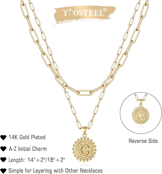 Yoosteel Valentines Gifts for Women Her - Gold Layered Initial Necklaces for Women 14K Gold Plated Dainty Layering Paperclip Link Chain Necklace Coin Initial Necklace Birthday Gifts for Teen Girls