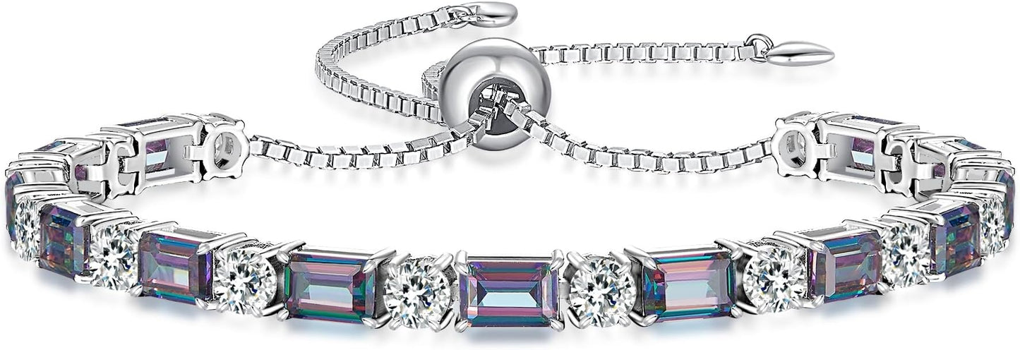 Birthstone Tennis Bracelets for Women White Gold Sterling Silver Gemstone Bracelets Adjustable Chain 6-9 Inchs Jewelry Anniversary Birthday Gifts for Women Mom Wife Her