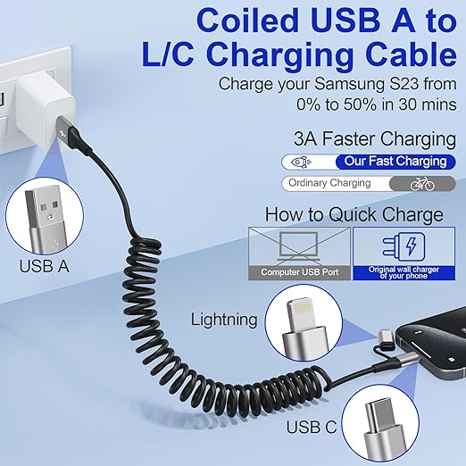 USB to USB-C and Lightning Cable Combo, 2 in 1 Coiled iPhone Charger Cable Apple Carplay & Android Auto, [MFi & 3A Fast Charge] Retractable Lightning and USB C Cable Cord for iPhone 16/15/14/Android