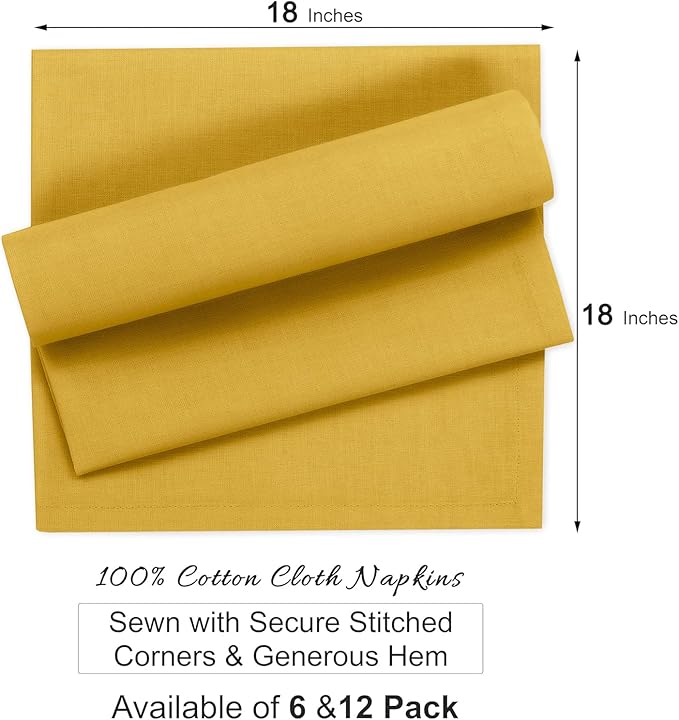 Ruvanti Premium Cloth Napkins Set of 12, 18x18 Inches, 100% Cotton, Washable, Soft & Absorbent, Perfect for Wedding, Christmas, ‎Thanksgiving Dinners -Spicy Mustard