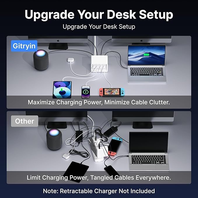 Gitryin 1 Lightning Retractable Wall Charger and 12-in-1 Desktop Charging Station with 4 Type-C Retractable Wall Chargers