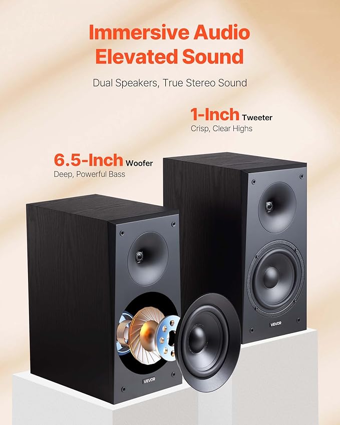 VEVOR Passive Bookshelf Speaker, 100W, Book Shelf Stereo Speakers with 6.5-Inch Woofer and 1-Inch Tweeter, Detachable Grille, 55Hz-20KHz Frequency Response, Wooden Enclosure, for Home Theater (1 Pair)