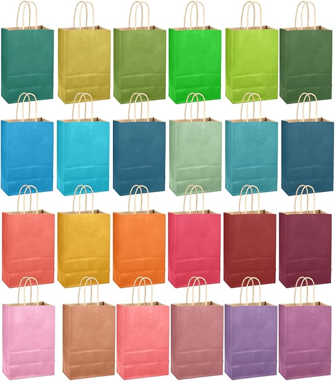 qiqee 24Pcs Medium Gift Paper Bag with Handles Bulk - 10.6"x8.3"x4.3" Rainbow Party Bags - Mulit Color