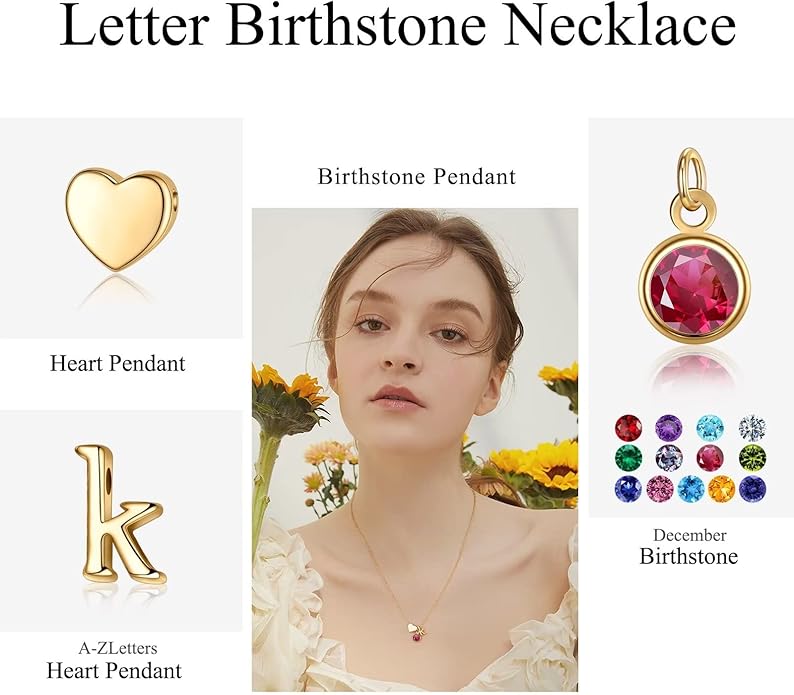 Ursilver Initial Birthstone Necklace for Women - Heart Initial Birthstone Pendant Necklace Personalized Gifts Birthday Gifts for Women