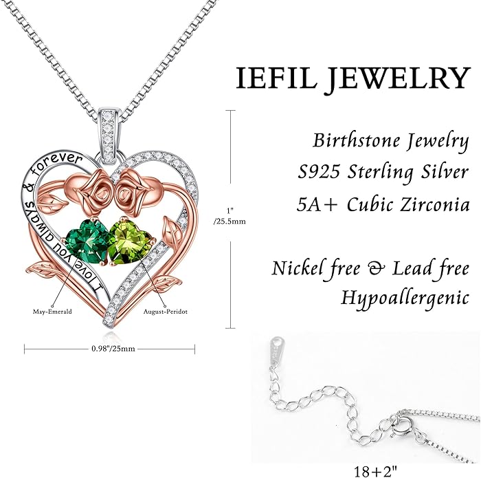 Iefil Valentines Gifts for Her Wife Women - Rose Heart Double Birthstone Necklace Gift for Wife Girlfriend Her Women, Birthstone Jewelry Gemstone Birthday Gifts for Mom Grandma Her