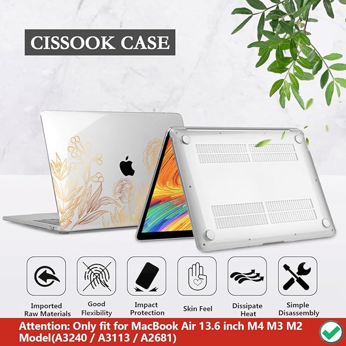 CISSOOK for MacBook Air 13.6 inch Case A3240 A2681 A3113 Release 2022 2023 2024 2025, Plastic Hard Shell Case Keyboard Cover for MacBook Air 13 inch M2 M3 M4, Gold Floral Blossom