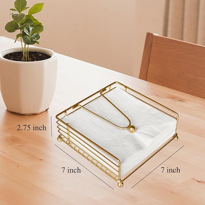 Napkin Holder for Table, Flat Napkin Dispenser with Weighted Arm, Square Cocktail Paper Holder of Elegant Rustic Iron for Kitchen Dining Room Decor Restaurant Farmhouse Hotel Party, Gold