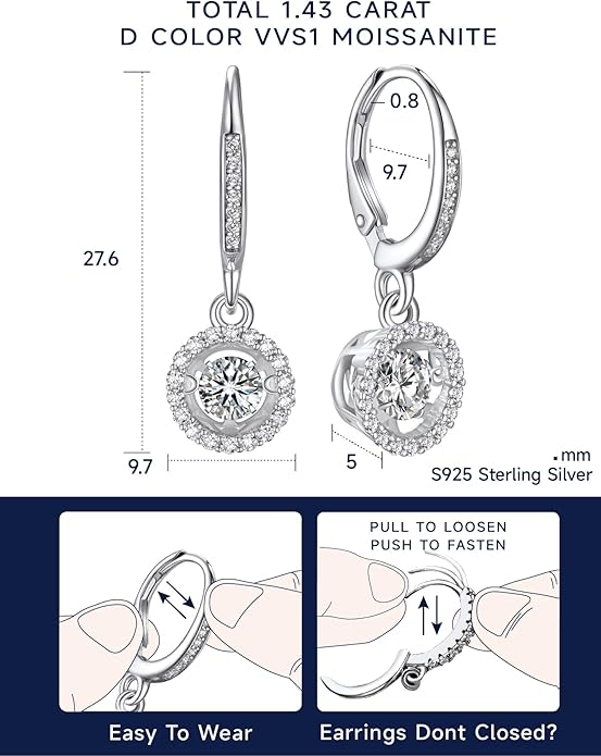 MomentWish Dangle Earrings for Women-925 Sterling Silver Moissanite Earring, Women's Gift for Valentine Birthday, D Color VVS1 Dancing Moissanite Hoops