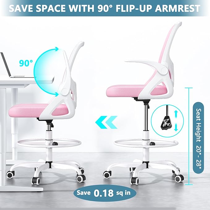 Tall Drafting Chair with Footrest Ring for Home and Work, Ergonomic Home Desk Office Chair with Flip up Arms and Lumbar Support, Extended Height Executive Desk Office Chair(Pink)