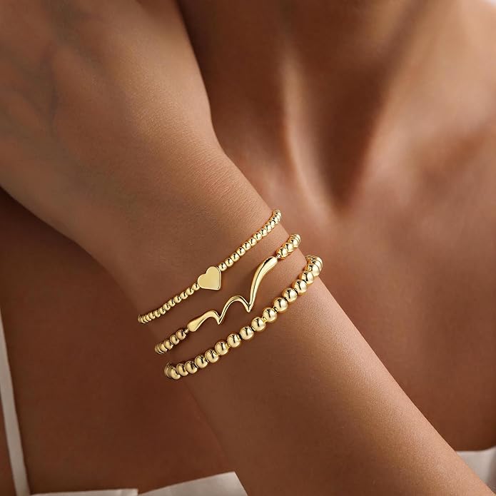 Turandoss Gold Bracelets for Women - Dainty 14K Gold Plated Bow Cross Beaded Bracelets for Women Stackable Heart Bead Bracelet Set Wave CZ Round Ball Bracelet Valentine's Day Gifts for Her