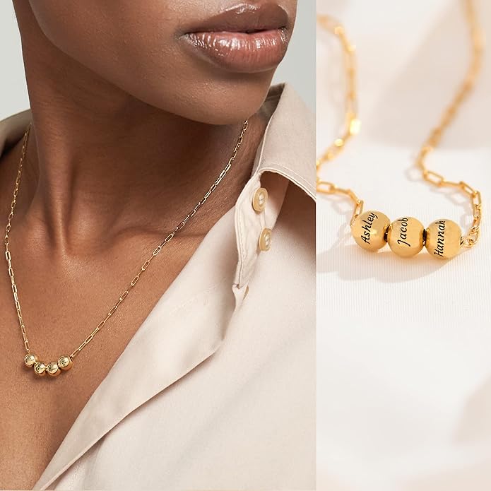 MyNameNecklace Personalized The Balance Charm Necklace with Custom Engraved Beads - Cable/Link Chain - Dainty Gift for Mom, Her - Jewelry for Christmas