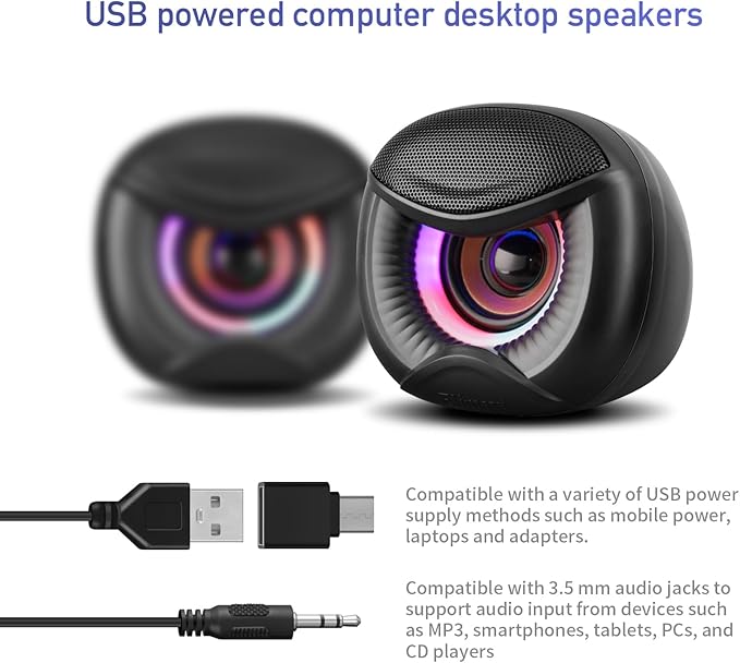 USB Powered Computer Speakers with RGB Colorful Lighting 2.0 Stereo Sound System, Headphone Jack, Plug and Play, Works with PC/Laptop (USB-C Adapter Included)