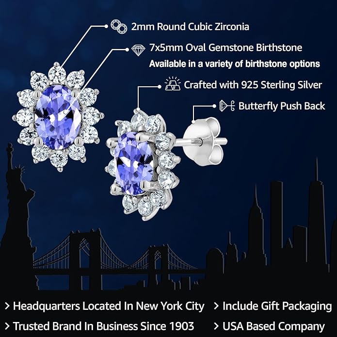 Gem Stone King 7X5MM Oval Gemstone Birthstone Stud Earrings For Women | Princess Diana Royal Halo Style | 925 Sterling Silver | Fine Jewelry Gifts for Anniversary Wedding Her Mom Women Wife