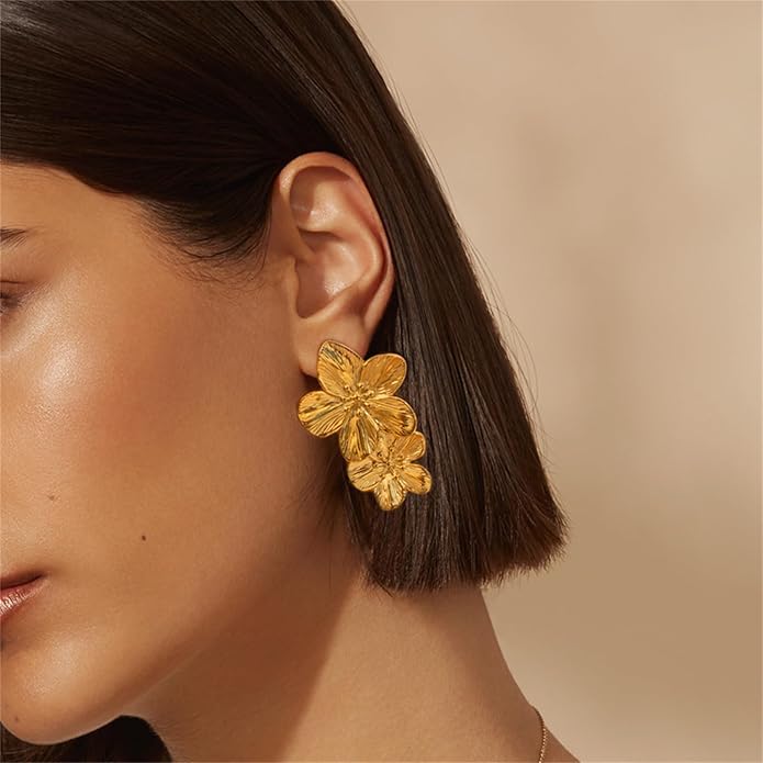 Flower Earrings for Women,Boho Statement Large Double Flower Earrings Trendy Chunky Floral Stud Earrings Elegant Chic