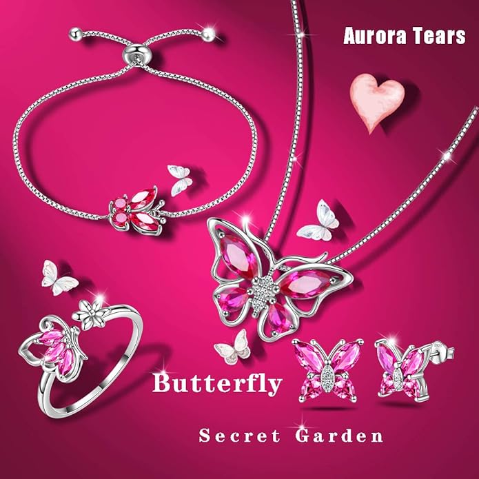 Aurora Tears Butterfly Jewelry,Women 925 Sterling Silver Butterflies Birthstone Pendant Necklace/Earrings/Rings Wedding Gift