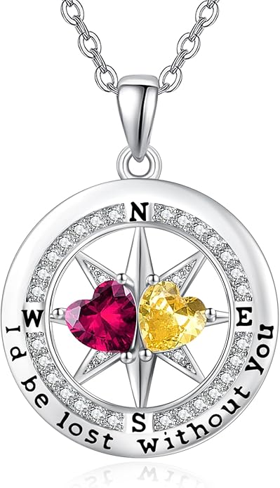 Compass Necklace for Women, Exquisite S925 Valentines Day Anniversary Birthday Gifts for Wife Her Double Birthstone Pendant Jewelry ‘I'd be Lost Without You’