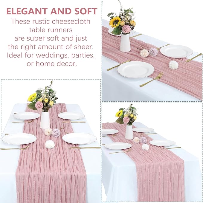 RestfulGlow12 Pack Dusty Pink Cheesecloth Table Runner 10FT Boho Gauze Fabric Table Runner 35 x 120 Inch Rustic Sheer Runner for Centerpiece Wedding Birthday Baby Shower Party Boho Table Decoration