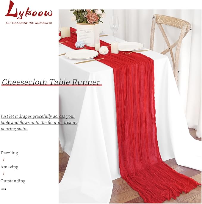 10 Packs Cheesecloth Table Red, 10Ft x 35" Rustic Gauze Boho Wedding Table Runner Decoration, Wedding Table Decor Table Cloth for Wedding Party Bridal Shower Table