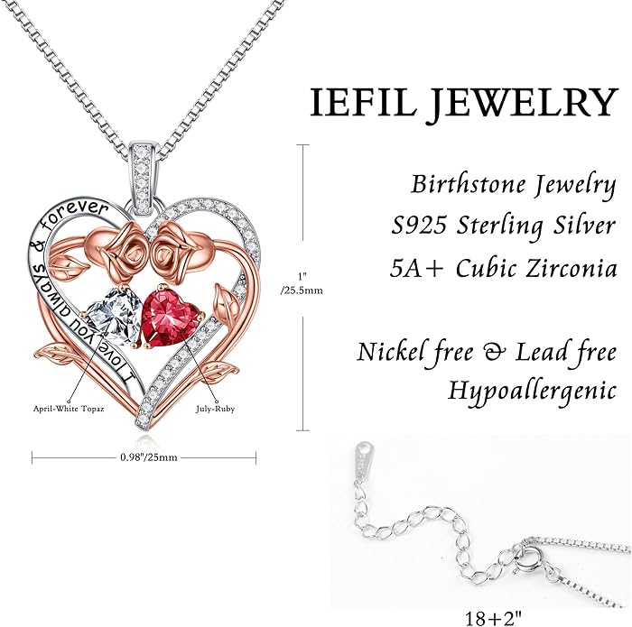 Iefil Valentines Gifts for Her Wife Women - Rose Heart Double Birthstone Necklace Gift for Wife Girlfriend Her Women, Birthstone Jewelry Gemstone Birthday Gifts for Mom Grandma Her