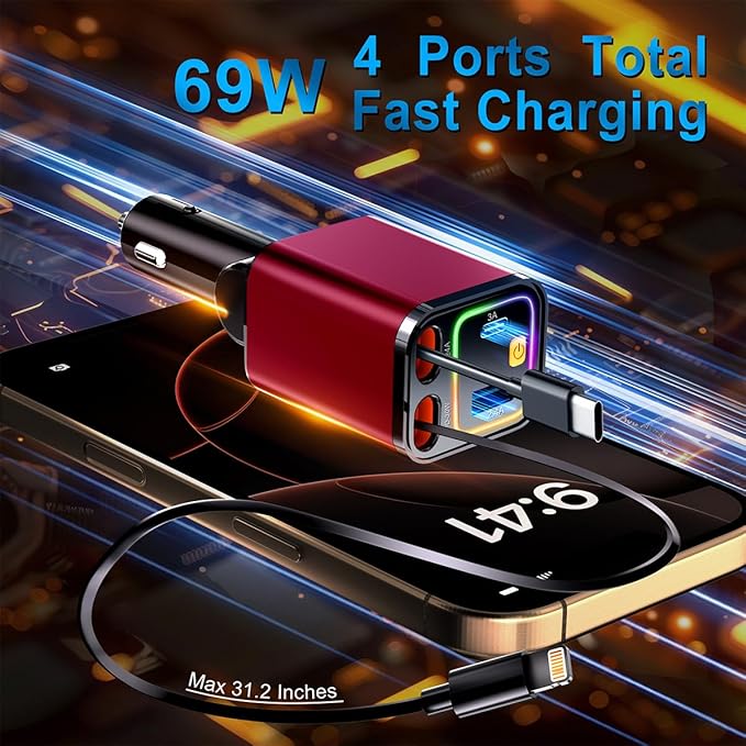 [2025 Mirco-Version] 4 in 1 Retractable Car Charger,69W Car Charger USB C,Cigarette Lighter Adapter,Fast Charging for iPhone 16e/16/15/14,13,Android (Red, for Lightning+USB-C)