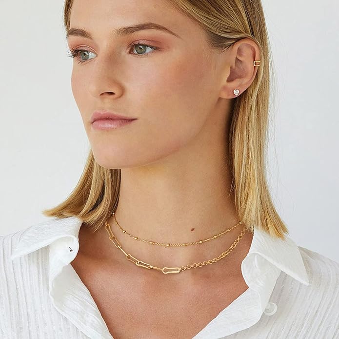 Aobei Pearl 18K Gold Plated Paperclip Chain Choker Satellite Chain Freshwater Cultured Biwa Pearl Pendant Necklace Dainty Jewelry for Women