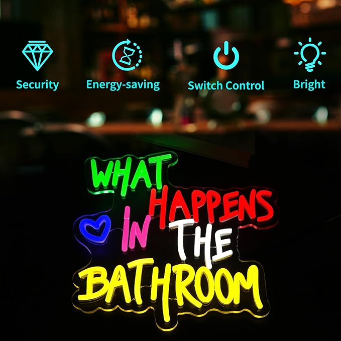 Neon Sign - HSJNJKFU What Happens in the Bathroom Neon Signs for Wall Decor Led Light Sign for Man Cave Bathroom Room Home Beer Bar Sign - USB Powered