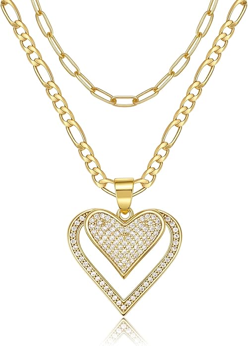 Heart Necklaces for Women 14K Gold Plated Layered Necklace Set with Cubic Zirconia Heart Pendant, Dainty Stackable Choker Chain, Gift for Her