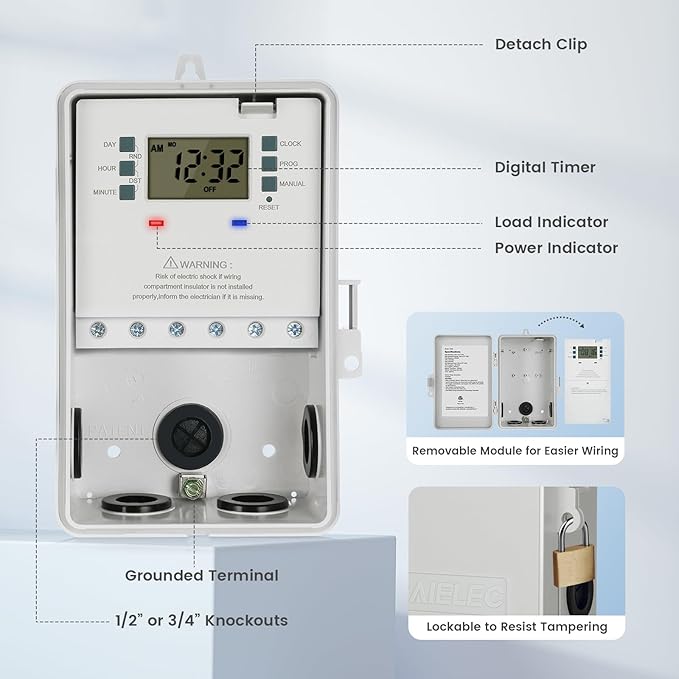 SURAIELEC Pool Timer, 7-Day Digital Pump Timer Switch, 40 AMP Heavy Duty, 120/240/277 VAC, 2HP Programmable Switch Box for Swimming Pool, Hot Water Heater, Lights, Outdoor/Indoor Use