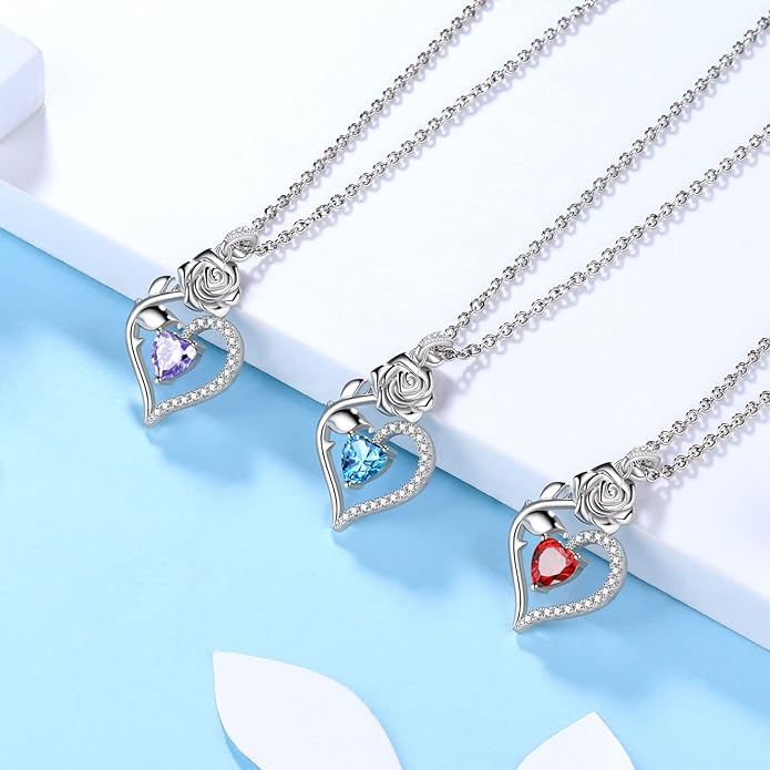 Jewmon Valentine Day Gifts for Her Rose Heart Birthstone Necklace for Women 925 Sterling Silver Birth Stone Flower Rose Necklace Anniversary Love GIfts for Girlfriend Wife Mom Birthday Gifts for Her