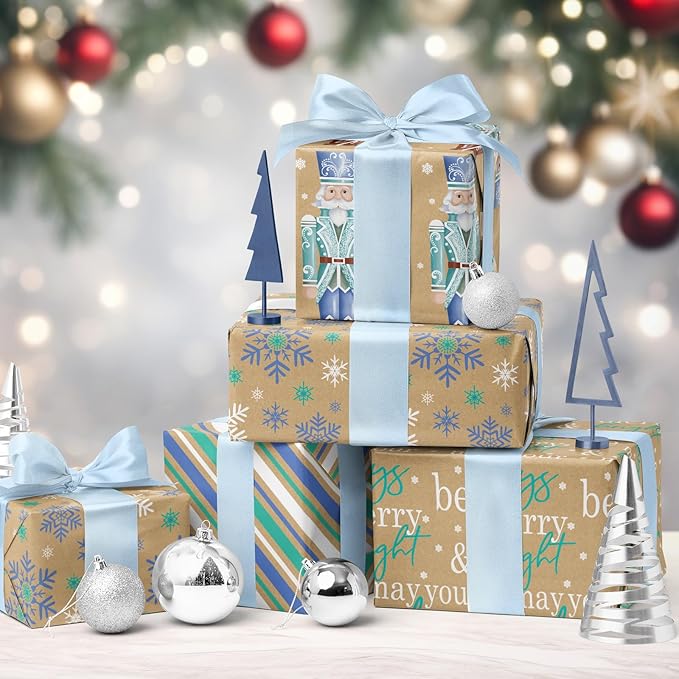 RUSPEPA Christmas Kraft Wrapping Paper - Nutcracker Soldier, Snowflake, Stripe and Text Design - 4 Rolls - 30 inches x 10 feet per Roll