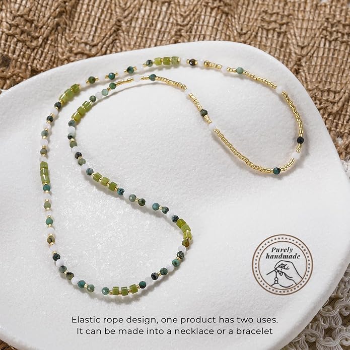 Beaded Bracelets Stack for Women Small Beaded Stretch Stone Bracelets Stackable Gemstone Crystal Dainty Boho 14K Gold Plated Beads Anklets Necklace Summer Jewelry for Women