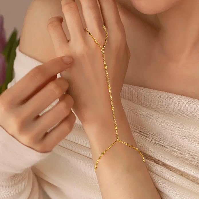Hand Chain Bracelet, Adjustable Hand Jewelry Chain Bracelet with Ring, Trendy Gold Handchains Jewelry
