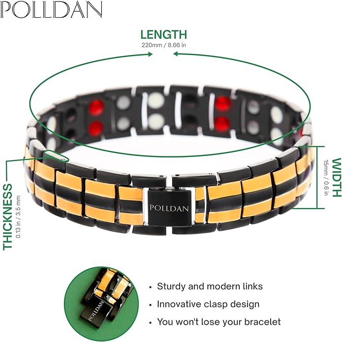 POLLDAN® 3X Power Magnetic Bracelets For Men | 6200 Gauss Strength Mens Titanium Bracelet with Fold-Over Clasp, Adjustable Length, Gift Box, Sizing Tool | Innovative Magnets Alloy - Patent