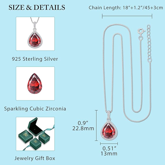 FJ Teardrop Pendant Necklace 925 Sterling Silver Birthstone Jewelry Gifts for Women