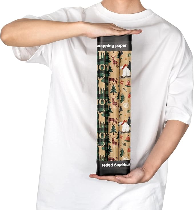RUSPEPA Christmas Wrapping Paper Rolls with Tags and Jute String - 17 inches x 10 feet per Roll, Total of 3 Rolls