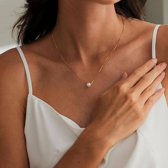 Pearl Necklaces for Women Trendy, 14k Gold Plated Dainty Necklace Simple Pearl Drop Single Charm Pendant Necklace Birthday Wedding Gifts Gold Jewelry for Women