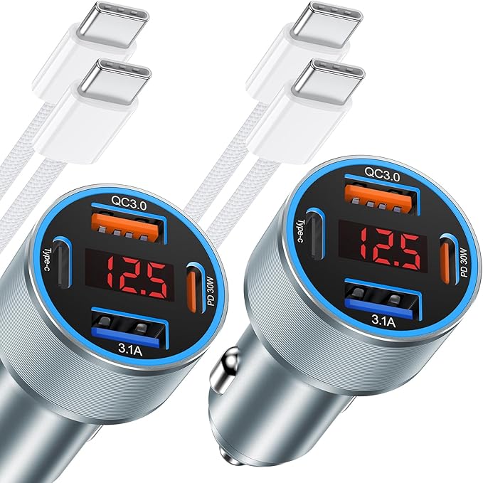 iPhone Fast Car Charger, 65W 4-Port USB C Car Phone Charger Adapter with 2x6FT USB C Cable, Multi Port Cigarette Lighter USB Charger with Voltage Display for iPhone 16 15 Pro Max,iPad,Samsung, Android