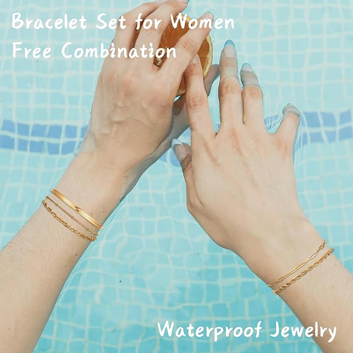 Silver and Gold Bracelets for Women Non Tarnish Waterproof Gold bracelet stack set, Adjustable 6.5"+2" Extender, Layered Bracelets for Women，Exquisite Jewelry Gift