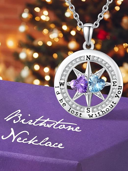 Compass Necklace for Women, Exquisite S925 Valentines Day Anniversary Birthday Gifts for Wife Her Double Birthstone Pendant Jewelry ‘I'd be Lost Without You’
