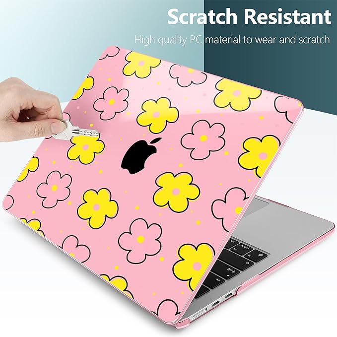 TWOLSKOO Compatible with M4 MacBook Air 13.6 inch Case 2025-2022 Release M4 A3240 M3 A3113 M2 A2681, Plastic Hard Shell & Keyboard Cover & Type C Adapter & Screen Protector, Cute Pink Flowers
