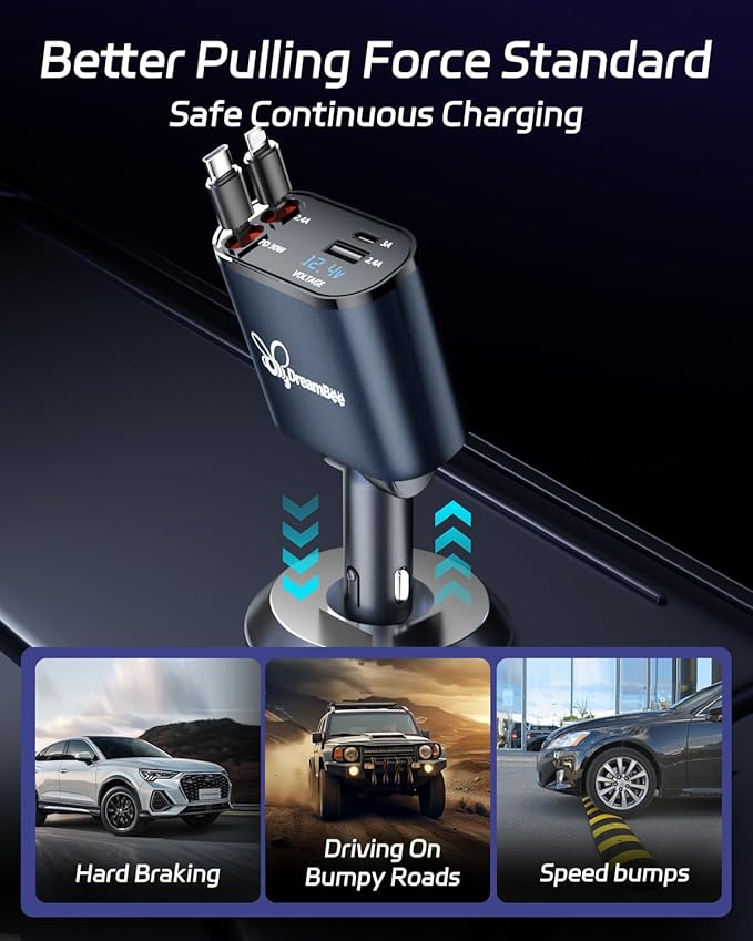 DreamBee Retractable Car Charger,66W 4 in 1 Super Fast Charge Car Phone Charger,Gifts for Men Women Car Truck Accessories for iPhone 15/14/13/12 Pro Max XR,iPad,Samsung,Pixel-Blue