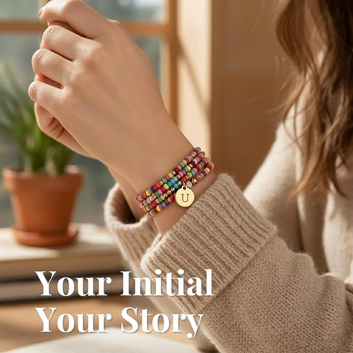 Set of 4 Colorful Bead Initial Bracelets, Personalized Stackable Jewelry, Adjustable Stretchy Charm Bracelets for Women, Beaded Bracelet Set, Trendy Custom Jewelry Gift