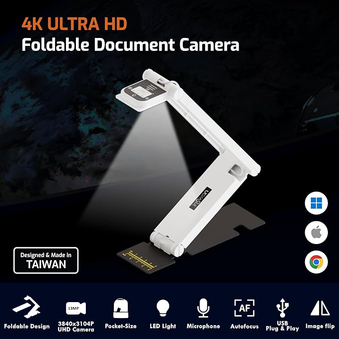 INS-Flip 4 4K USB Portable Document Camera/Webcam/Visualiser—13MP Ultra HD, Foldable Design, Auto Focus, Mic, LED, Compatible with Mac OS, Windows, iPad, Chromebook for Distance Learning