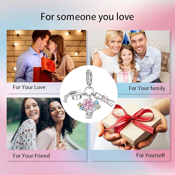 Birthday Fashion Love Heart Dangle Charm 925 Sterling Silver Charms fits Bracelets and Necklace Pendant Bead Charms Jewelry Present for Women Family Friends