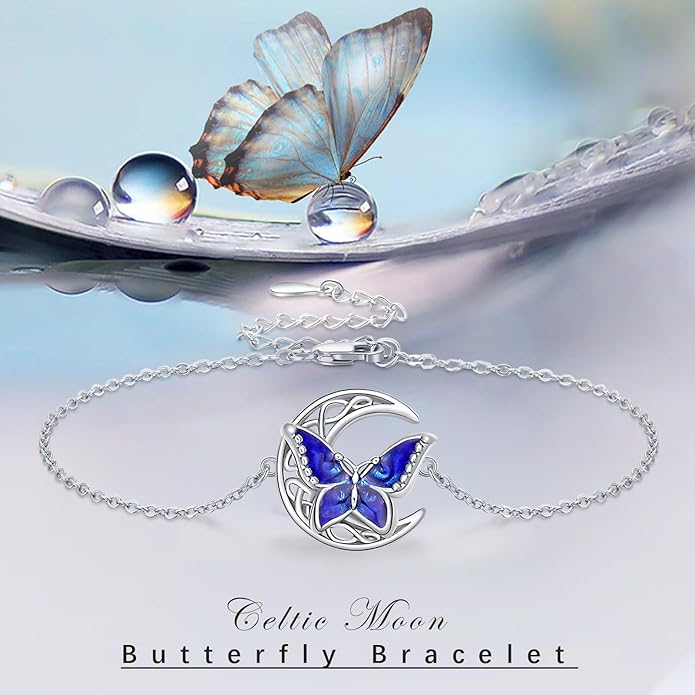 Dragonfly Bracelet 925 Sterling Silver Butterfly Bracelet Adjustable Celtic Moon Bracelet Irish Celtic Jewelry Gifts for Women