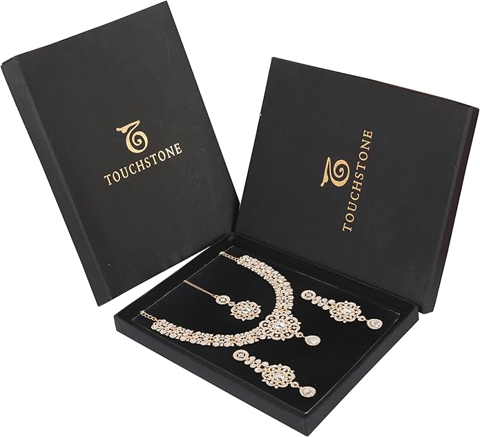 Touchstone Indian jewelry sets for women gold wedding tikka necklace set guest costume fancy bridal jewellery rhinestone crystal elegant formal prom evening wear dainty accessories