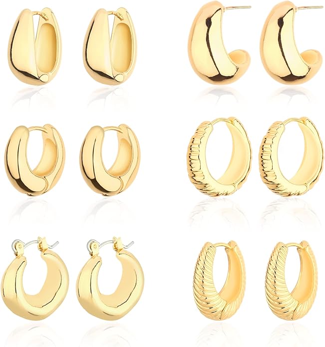 Wgoud Chunky Hoop Earrings Set 14K Gold Plated Hoop Earrings for Women Hypoallergenic, Thick Twisted Huggie Hoops Earring Set