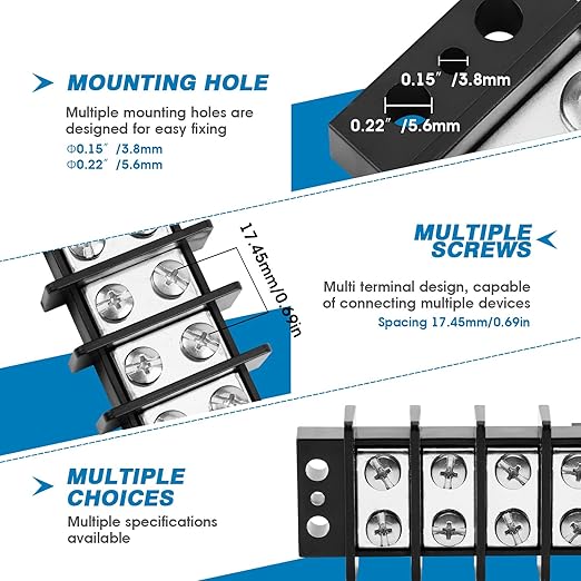 GLOSO TBE Double Row Stainless Terminal Blocks, Marine Grade, 4-14 AWG Cu, 75A/600V - 1 Pack, 2 Poles