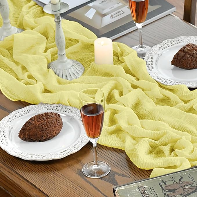 Artoid Mode Boho Light Yellow Gauze Wedding Table Runner, 120 Inch Seasonal Fabric Kitchen Dining Holiday Table Decor for Home Party Indoor
